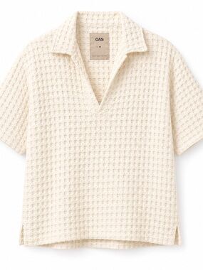 OAS Jaffa Waffle Shirt Ecru Medium | Textured Cotton Polo Top Relaxed Fit Quiet